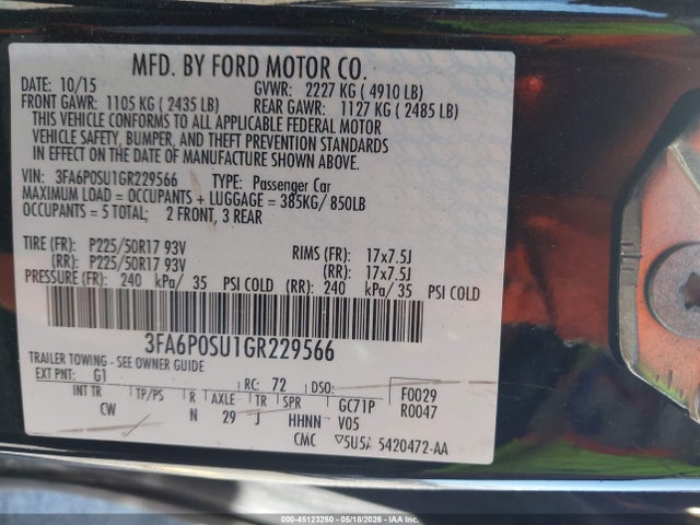 45123250 :رقم المزاد ، 3FA6P0SU1GR229566 vin ، 2016 Ford Fusion Energi Titanium مزاد بيع