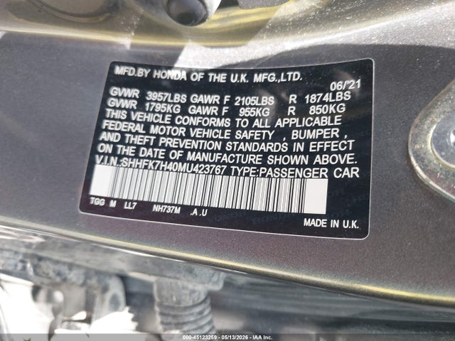 Aukcja sprzedaży 2021 Honda Civic Sport, vin: SHHFK7H40MU423767, numer aukcji: 45123259