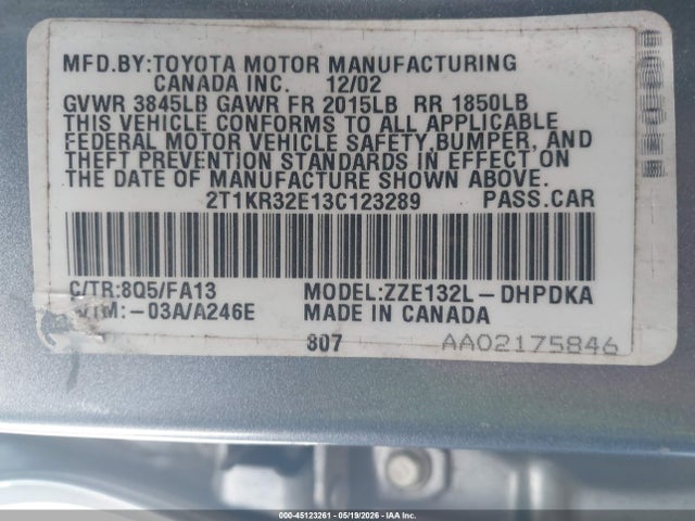 Продажа на аукционе авто 2003 Toyota Matrix Standard, vin: 2T1KR32E13C123289, номер лота: 45123261