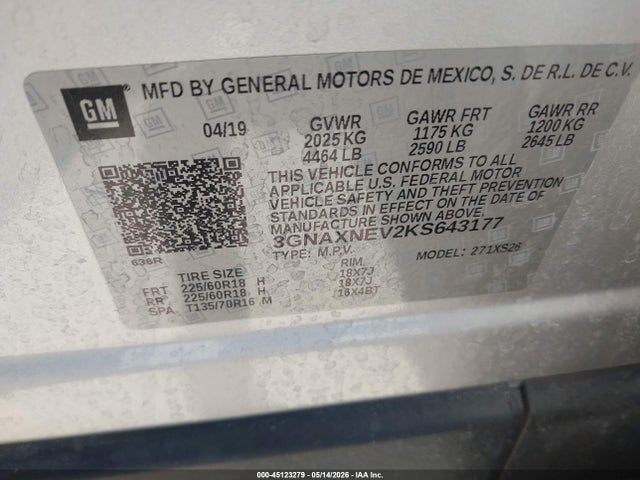 Продаж на аукціоні авто 2019 Chevrolet Equinox Premier, vin: 3GNAXNEV2KS643177, номер лоту: 45123279