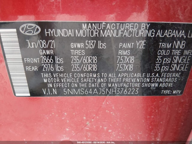 2022 Hyundai Santa Fe Sel მანქანა იყიდება აუქციონზე, vin: 5NMS64AJ5NH376223, აუქციონის ნომერი: 45123285