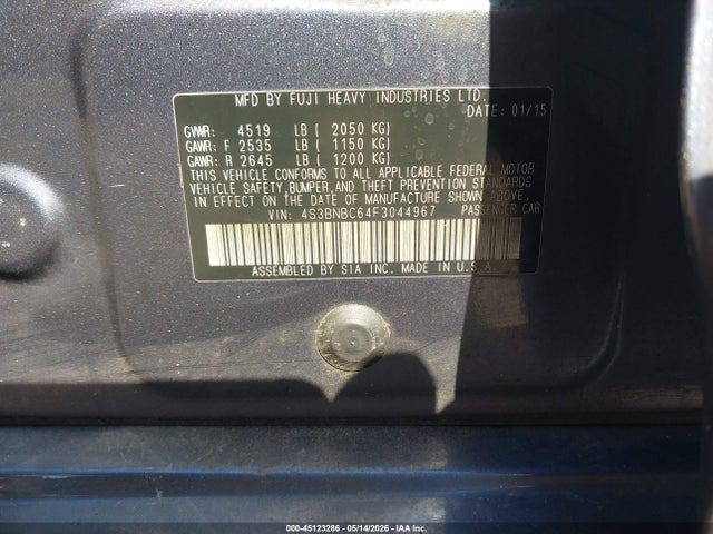 45123286 :رقم المزاد ، 4S3BNBC64F3044967 vin ، 2015 Subaru Legacy 2.5i Premium مزاد بيع