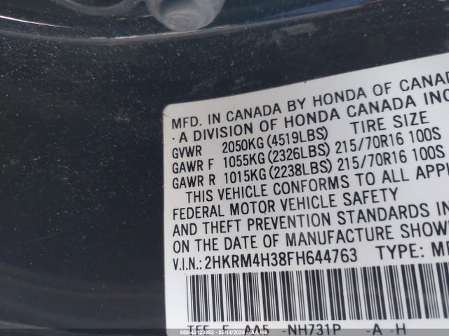 45123293 :رقم المزاد ، 2HKRM4H38FH644763 vin ، 2015 Honda Cr-v Lx مزاد بيع