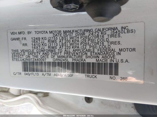 Aukcja sprzedaży 2007 Toyota Tacoma Base V6, vin: 5TELU42N97Z440097, numer aukcji: 45123299