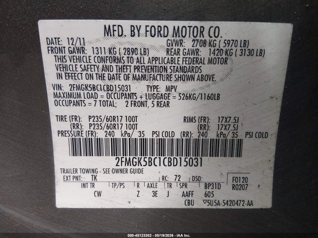 Aukcja sprzedaży 2012 Ford Flex Se, vin: 2FMGK5BC1CBD15031, numer aukcji: 45123302