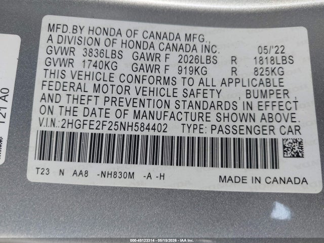 Honda Civic Lx 2022 2HGFE2F25NH584402 Image 9