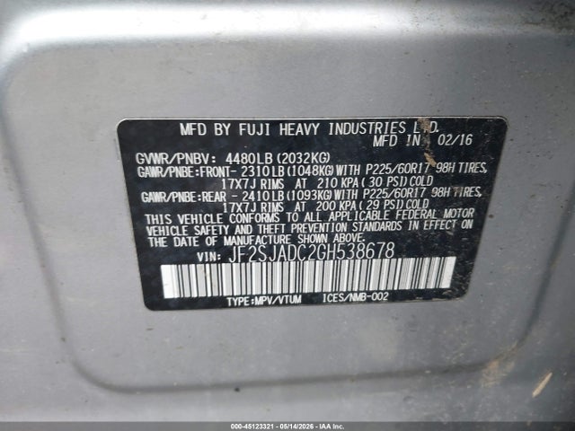 2016 Subaru Forester 2.5i Premium მანქანა იყიდება აუქციონზე, vin: JF2SJADC2GH538678, აუქციონის ნომერი: 45123321