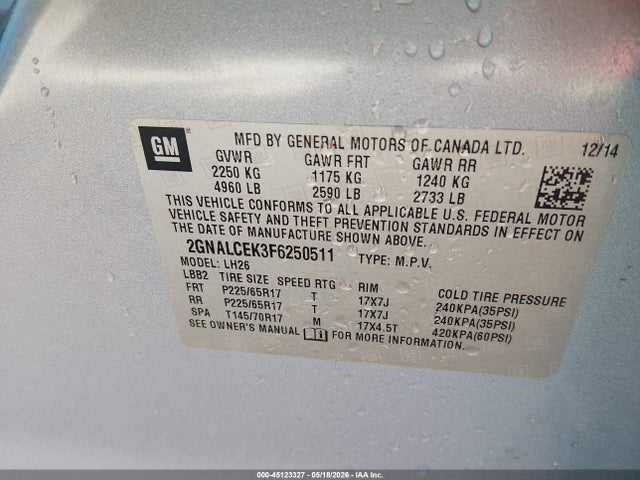 Продажа на аукционе авто 2015 Chevrolet Equinox 2lt, vin: 2GNALCEK3F6250511, номер лота: 45123327