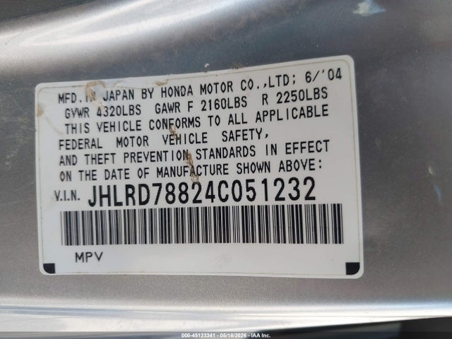 Продажа на аукционе авто 2004 Honda Cr-v Ex, vin: JHLRD78824C051232, номер лота: 45123341