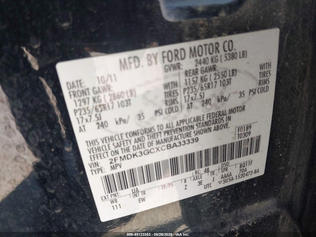Aukcja sprzedaży 2012 Ford Edge Se, vin: 2FMDK3GCXCBA33339, numer aukcji: 45123353