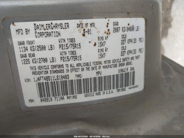 2001 Jeep Cherokee Sport მანქანა იყიდება აუქციონზე, vin: 1J4FT48S11L610403, აუქციონის ნომერი: 45123355