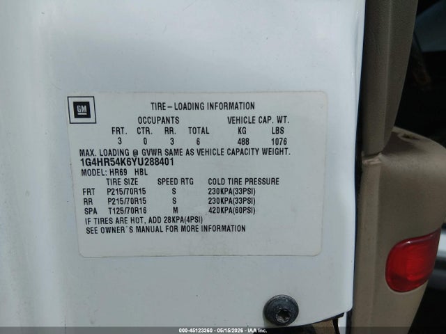 Продаж на аукціоні авто 2000 Buick Lesabre Limited, vin: 1G4HR54K6YU288401, номер лоту: 45123360