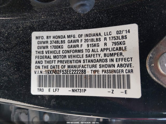2014 Honda Civic Lx მანქანა იყიდება აუქციონზე, vin: 19XFB2F53EE222288, აუქციონის ნომერი: 45123365