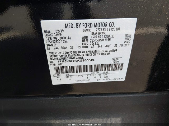 2019 Ford Explorer Limited მანქანა იყიდება აუქციონზე, vin: 1FM5K8FH0KGB35349, აუქციონის ნომერი: 45123370