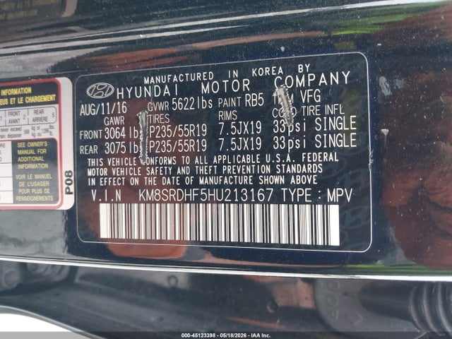 Hyundai Santa Fe Se Ultimate 2017 KM8SRDHF5HU213167 Image 9