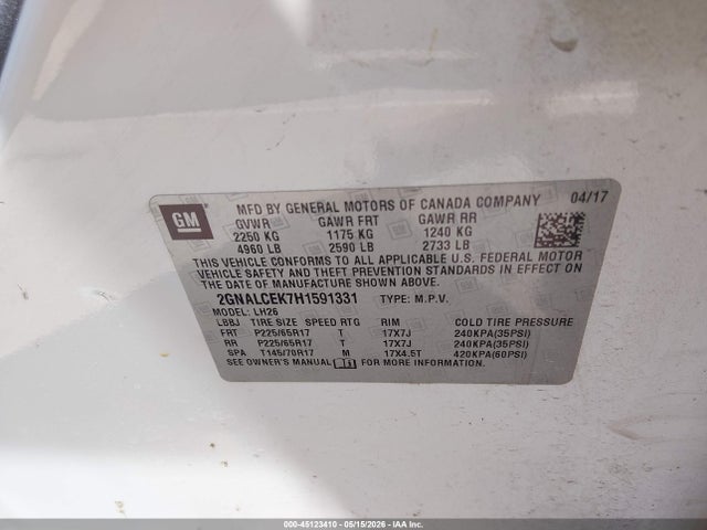 Продаж на аукціоні авто 2017 Chevrolet Equinox Lt, vin: 2GNALCEK7H1591331, номер лоту: 45123410