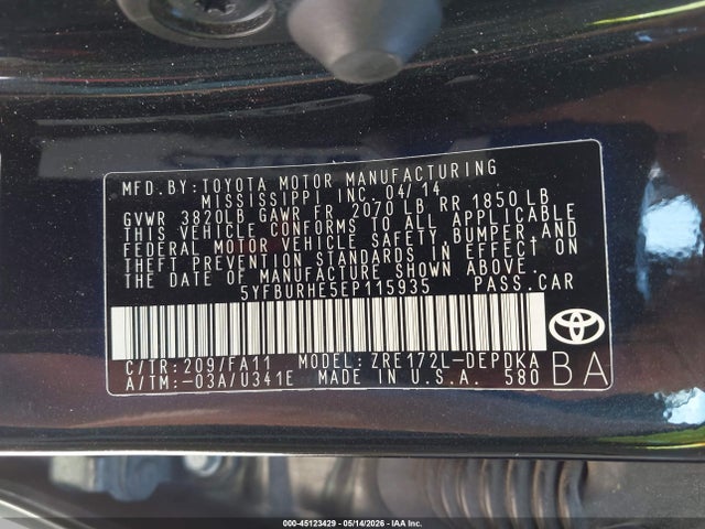 2014 Toyota Corolla L მანქანა იყიდება აუქციონზე, vin: 5YFBURHE5EP115935, აუქციონის ნომერი: 45123429