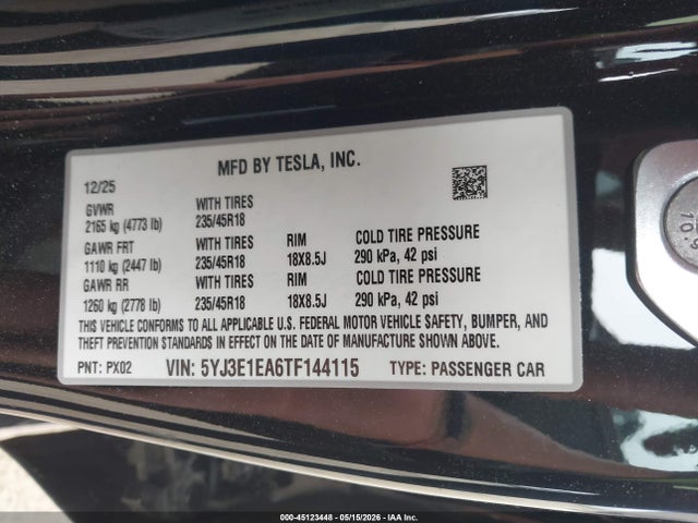 Aukcja sprzedaży 2026 Tesla Model 3 Premium Rear-wheel Drive/rear-wheel Drive, vin: 5YJ3E1EA6TF144115, numer aukcji: 45123448