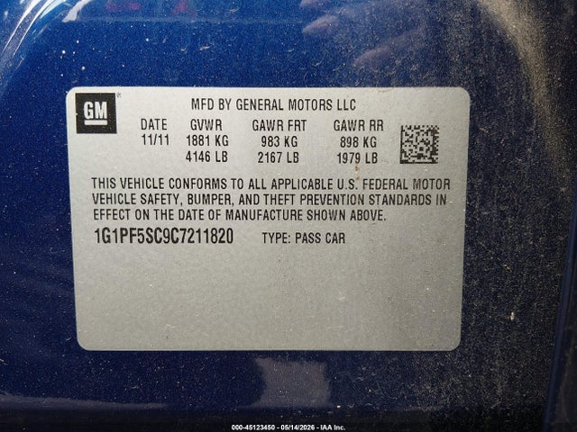 45123450 :رقم المزاد ، 1G1PF5SC9C7211820 vin ، 2012 Chevrolet Cruze 1lt مزاد بيع