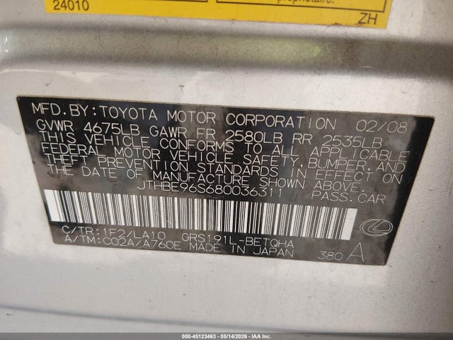 45123463 :رقم المزاد ، JTHBE96S680036311 vin ، 2008 Lexus Gs 350 مزاد بيع