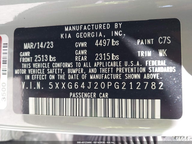 Aukcja sprzedaży 2023 Kia K5 Gt-line, vin: 5XXG64J20PG212782, numer aukcji: 45123468