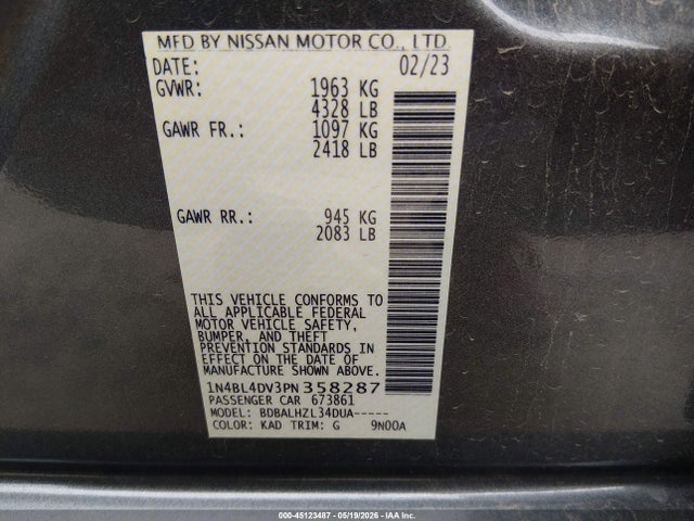 1N4BL4DV3PN358287 Nissan Altima Sv Fwd