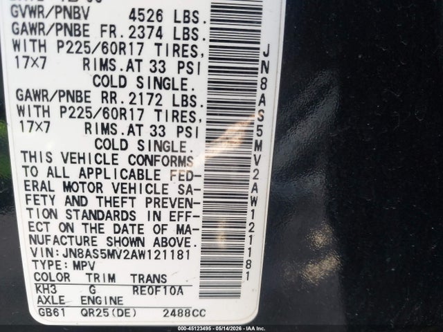 Продажа на аукционе авто 2010 Nissan Rogue Sl, vin: JN8AS5MV2AW121181, номер лота: 45123495