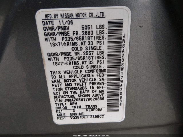 Aukcja sprzedaży 2007 Nissan Murano Sl, vin: JN8AZ08W17W620886, numer aukcji: 45123499