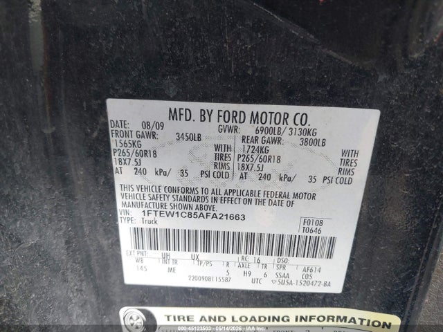 Продажа на аукционе авто 2010 Ford F-150 Fx2 Sport/xl/xlt, vin: 1FTEW1C85AFA21663, номер лота: 45123503