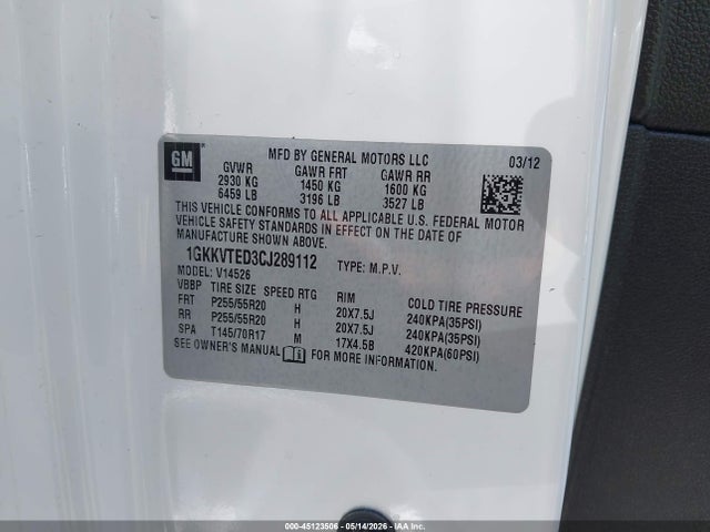 Aukcja sprzedaży 2012 Gmc Acadia Denali, vin: 1GKKVTED3CJ289112, numer aukcji: 45123506