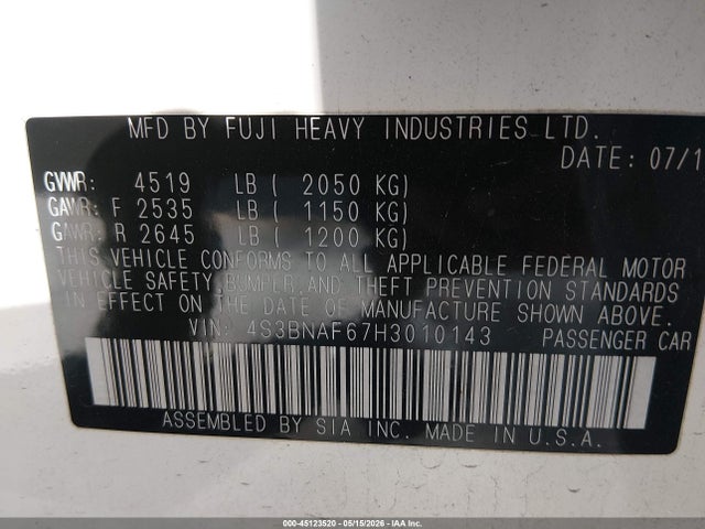 Subaru Legacy 2.5i Premium 2017 4S3BNAF67H3010143 Image 9