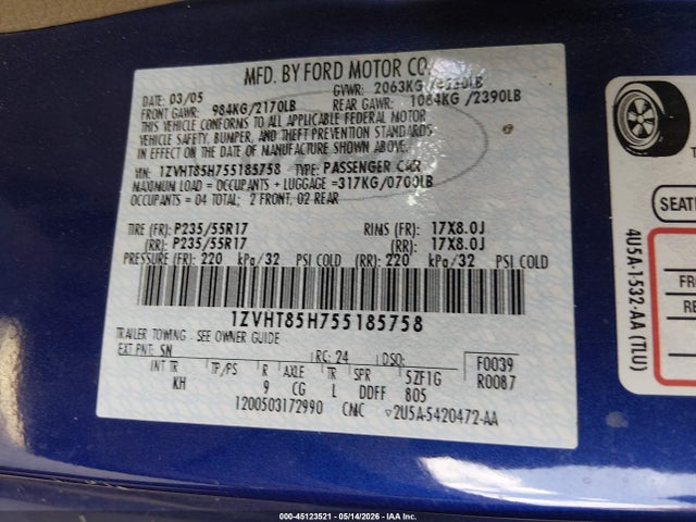 45123521 :رقم المزاد ، 1ZVHT85H755185758 vin ، 2005 Ford Mustang Gt مزاد بيع