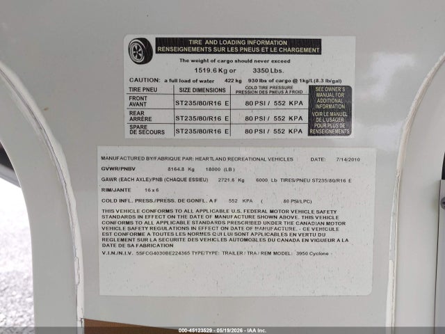 Aukcja sprzedaży 2011 Heartland Cyclone, vin: 5SFCG4030BE224365, numer aukcji: 45123529