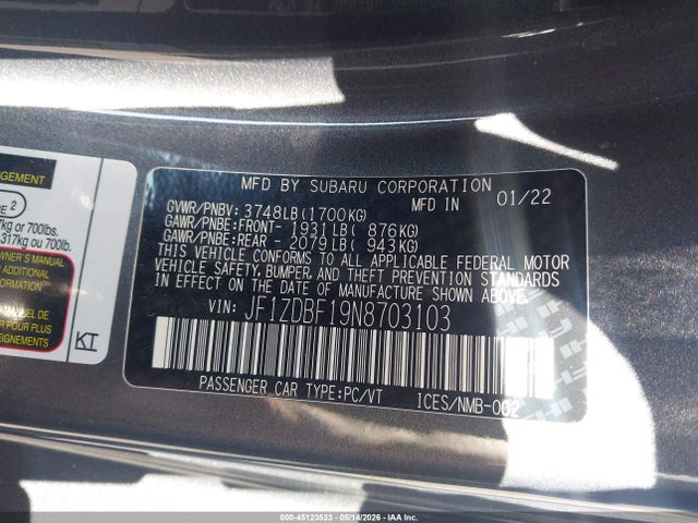 Продаж на аукціоні авто 2022 Subaru Brz Limited, vin: JF1ZDBF19N8703103, номер лоту: 45123533