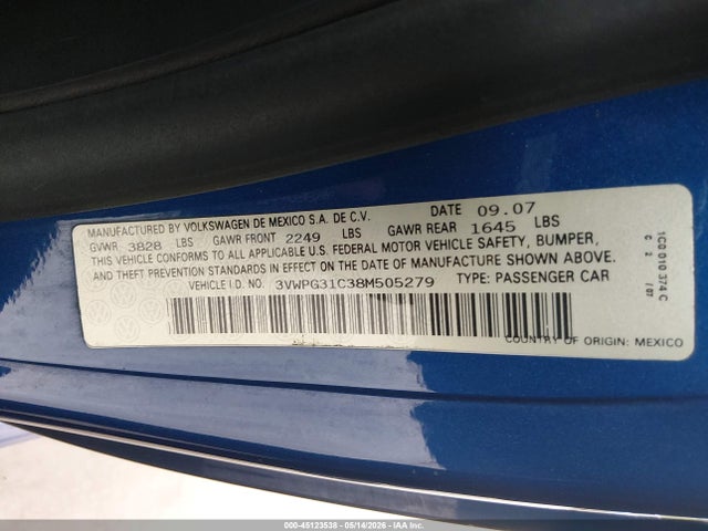 Продажа на аукционе авто 2008 Volkswagen New Beetle S, vin: 3VWPG31C38M505279, номер лота: 45123538