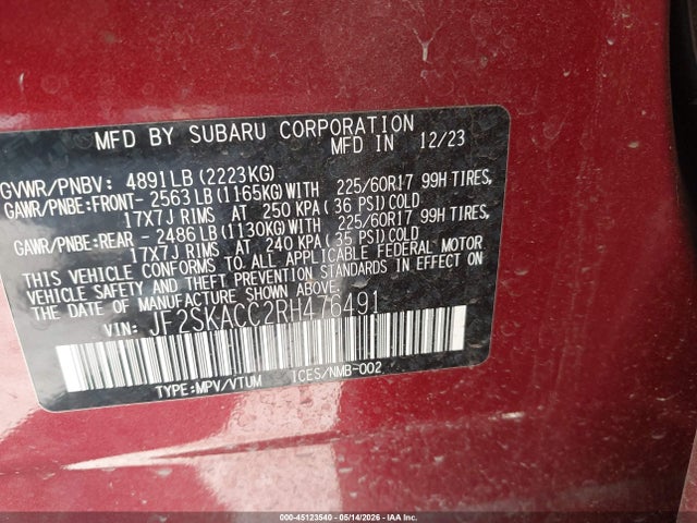 Продаж на аукціоні авто 2024 Subaru Forester Premium, vin: JF2SKACC2RH476491, номер лоту: 45123540