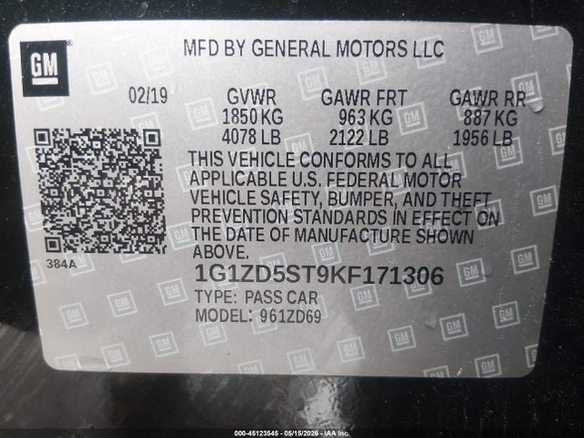 Aukcja sprzedaży 2019 Chevrolet Malibu Lt, vin: 1G1ZD5ST9KF171306, numer aukcji: 45123545