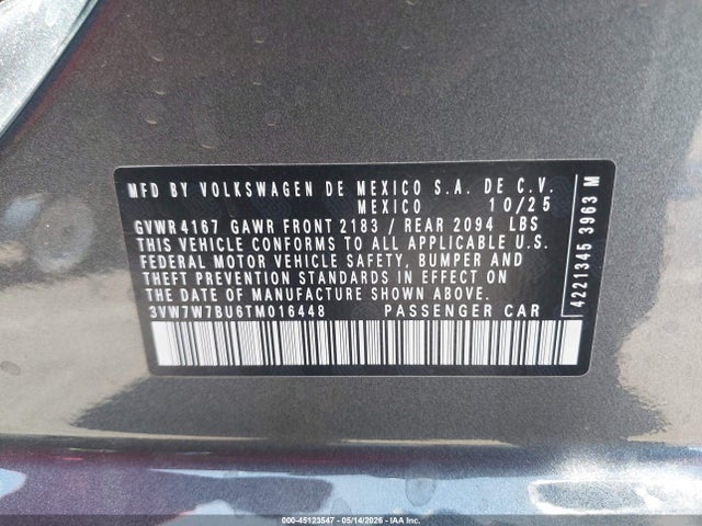 Aukcja sprzedaży 2026 Volkswagen Jetta Se, vin: 3VW7W7BU6TM016448, numer aukcji: 45123547