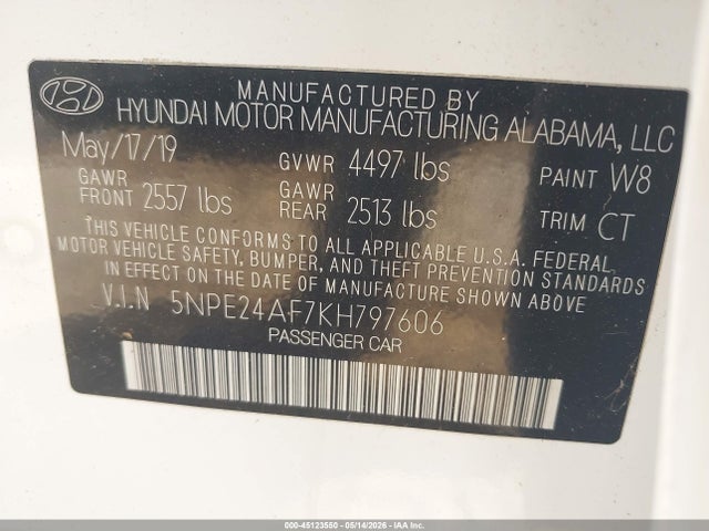 Продажа на аукционе авто 2019 Hyundai Sonata Se, vin: 5NPE24AF7KH797606, номер лота: 45123550
