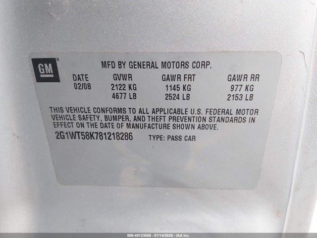45123558 :رقم المزاد ، 2G1WT58K781218286 vin ، 2008 Chevrolet Impala Lt مزاد بيع