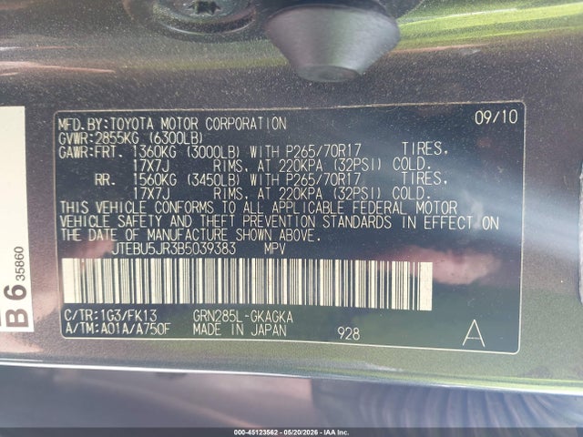 Aukcja sprzedaży 2011 Toyota 4runner Sr5 V6, vin: JTEBU5JR3B5039383, numer aukcji: 45123562