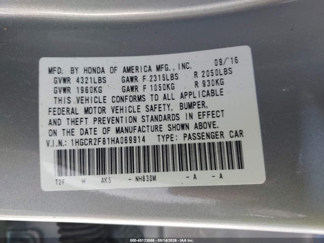 1HGCR2F81HA069914 Honda Accord Ex-l