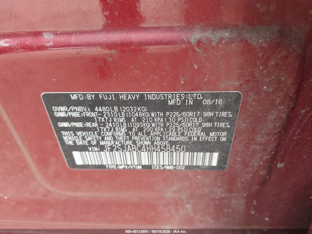 45123591 :رقم المزاد ، JF2SJABC4HH458450 vin ، 2017 Subaru Forester 2.5i مزاد بيع