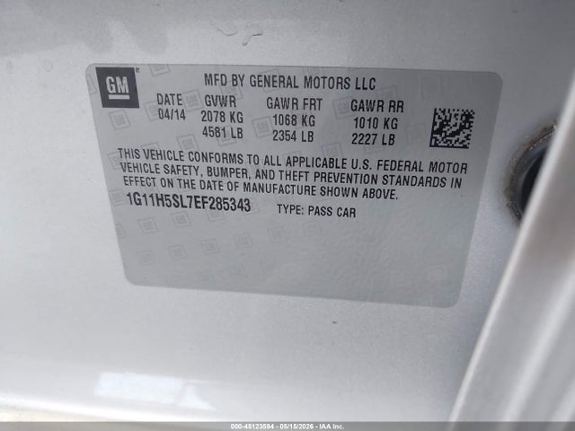 45123594 :رقم المزاد ، 1G11H5SL7EF285343 vin ، 2014 Chevrolet Malibu 1lz مزاد بيع