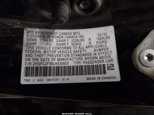 2020 Honda Civic Sport მანქანა იყიდება აუქციონზე, vin: 2HGFC2F89LH539955, აუქციონის ნომერი: 45123599