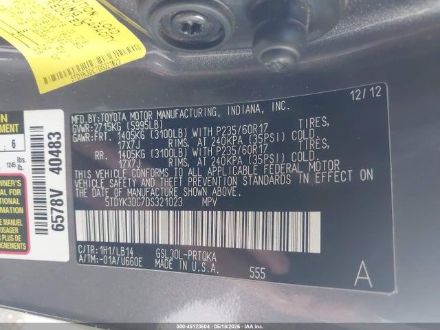 Aukcja sprzedaży 2013 Toyota Sienna Xle V6 8 Passenger, vin: 5TDYK3DC7DS321023, numer aukcji: 45123604