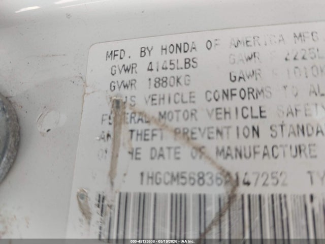 45123608 :رقم المزاد ، 1HGCM56836A147252 vin ، 2006 Honda Accord 2.4 Ex مزاد بيع