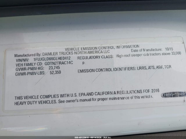 Aukcja sprzedaży 2016 Freightliner Cascadia 125, vin: 1FUJGLD66GLHE0412, numer aukcji: 45123610
