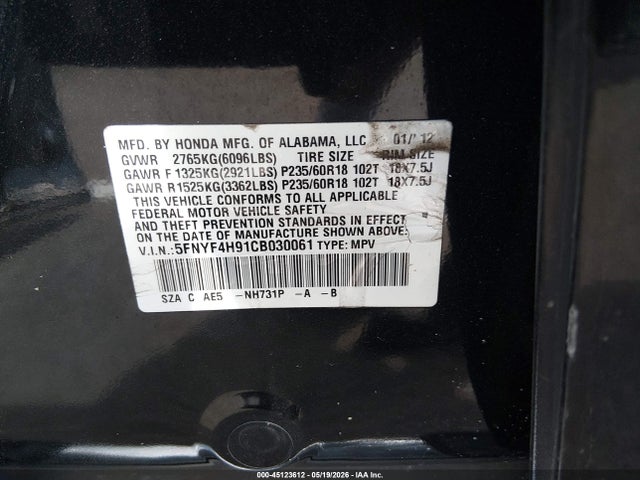 Aukcja sprzedaży 2012 Honda Pilot Touring, vin: 5FNYF4H91CB030061, numer aukcji: 45123612