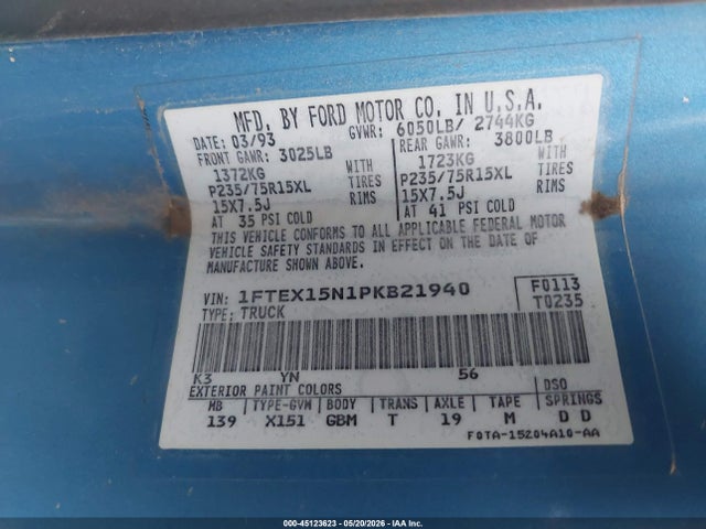 Aukcja sprzedaży 1993 Ford F150, vin: 1FTEX15N1PKB21940, numer aukcji: 45123623